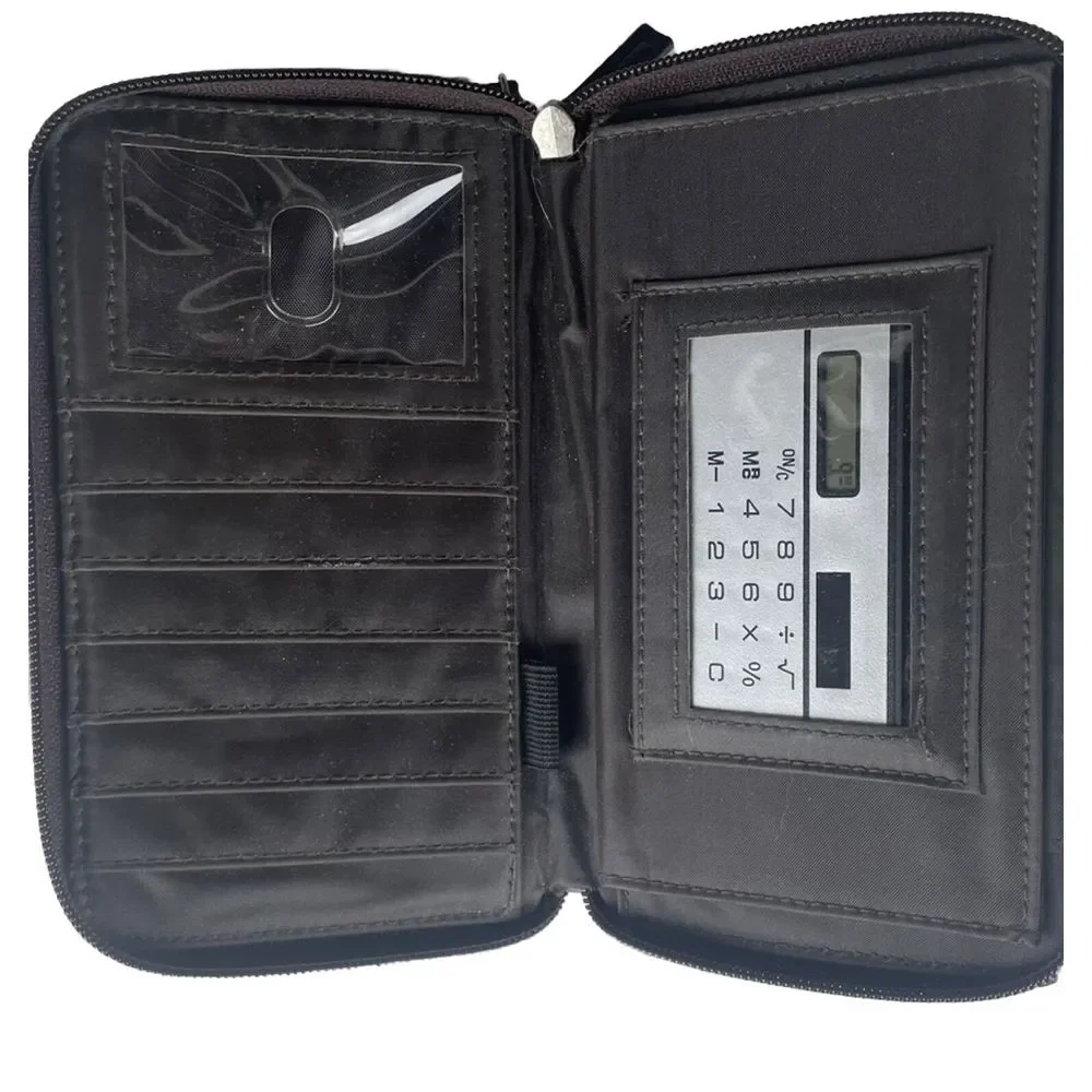 Unbranded Double Zip Pebbled Leather Brown‎ Walletbwith Calculator & Key Chain